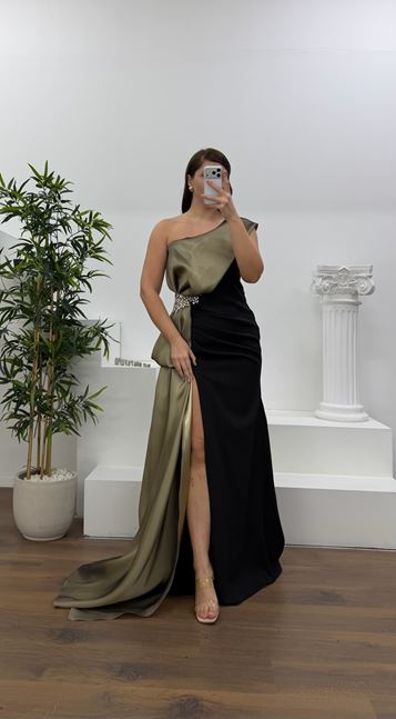 Bej Tek Omuz Taş Detay Büyük Beden Abiye Elbise