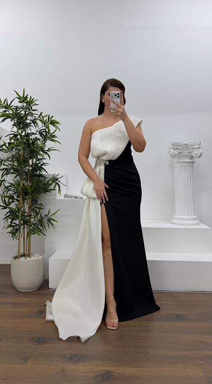 Kemik Tek Omuz Taş Detay Büyük Beden Abiye Elbise