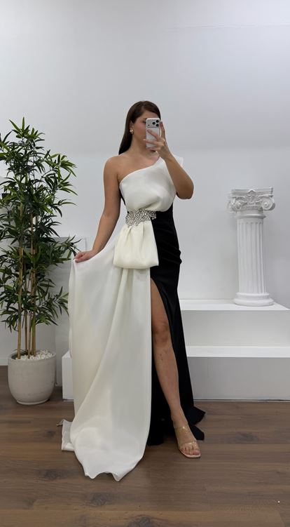 Kemik Tek Omuz Taş Detay Büyük Beden Abiye Elbise