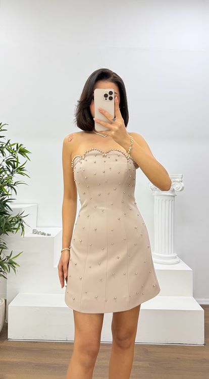 Vizon İnci Detaylı Kalp Yaka Straplez Mini Abiye Elbise