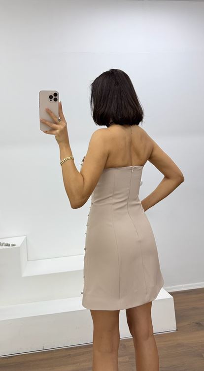 Vizon İnci Detaylı Kalp Yaka Straplez Mini Abiye Elbise