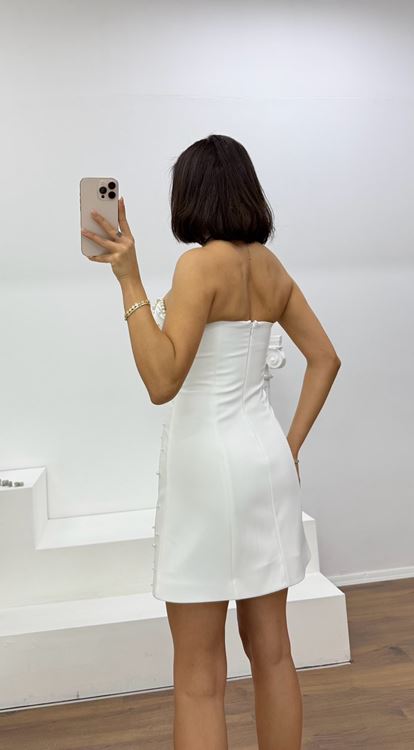 Kemik İnci Detaylı Kalp Yaka Straplez Mini Abiye Elbise