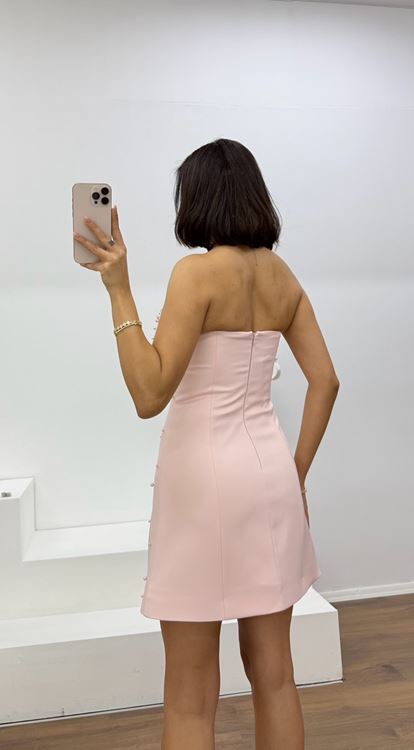 Somon İnci Detaylı Kalp Yaka Straplez Mini Abiye Elbise