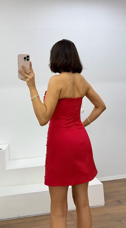 Kırmızı İnci Detaylı Kalp Yaka Straplez Mini Abiye Elbise