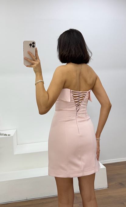 Somon Fiyonk Detaylı Straplez Mini Abiye Elbise