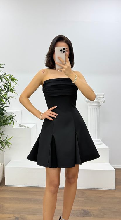 Siyah Straplez Drapeli Mini Abiye Elbise