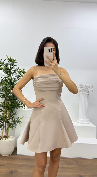 Vizon Straplez Drapeli Mini Abiye Elbise