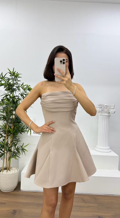 Vizon Straplez Drapeli Mini Abiye Elbise