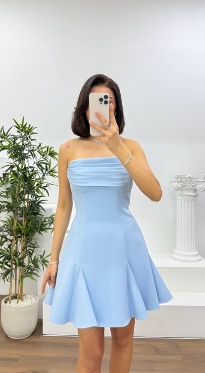 Mavi Straplez Drapeli Mini Abiye Elbise