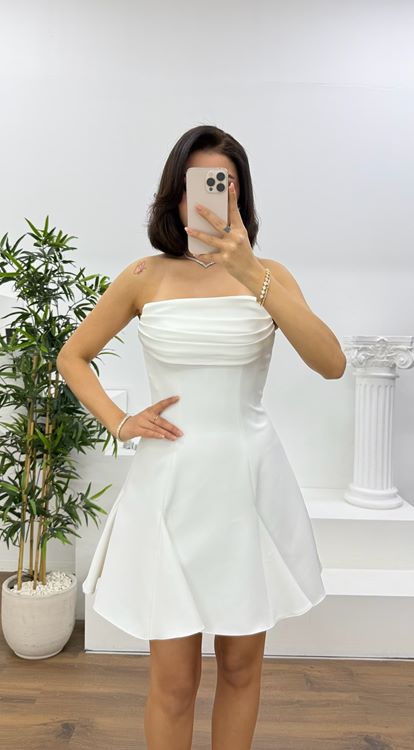 Kemik Straplez Drapeli Mini Abiye Elbise
