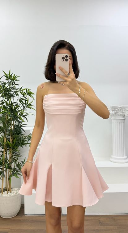 Somon Straplez Drapeli Mini Abiye Elbise