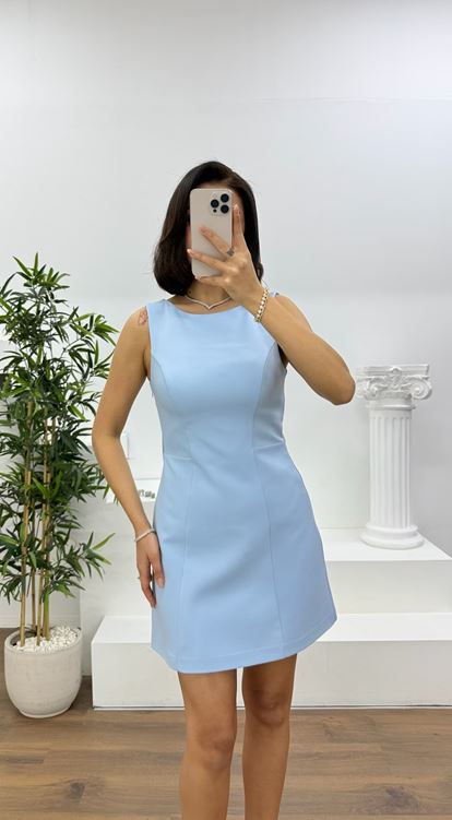 Mavi Bisiklet Yaka Kolsuz Mini Abiye Elbise