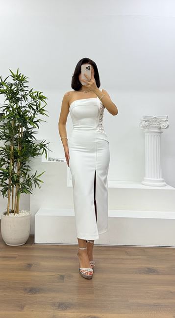 Kemik Örgü Detaylı Tek Kol Askılı Kalem Abiye Elbise