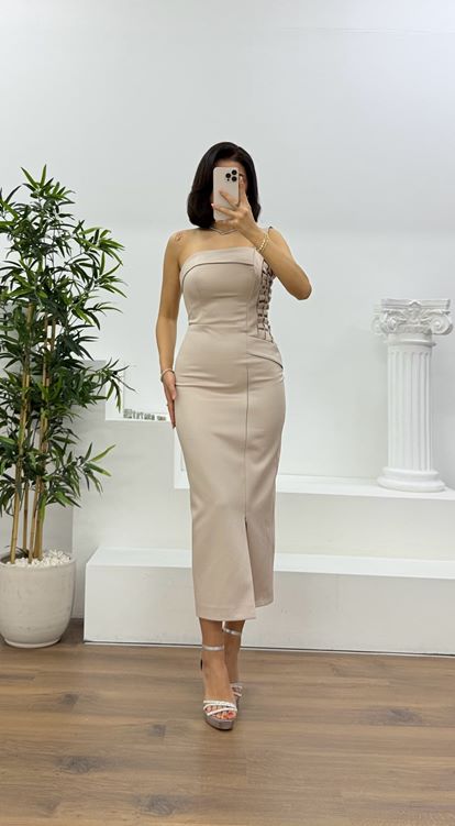 Vizon Örgü Detaylı Tek Kol Askılı Kalem Abiye Elbise