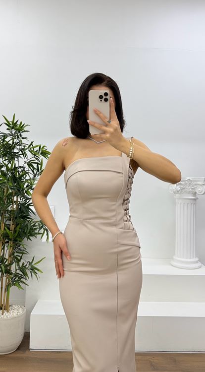 Vizon Örgü Detaylı Tek Kol Askılı Kalem Abiye Elbise