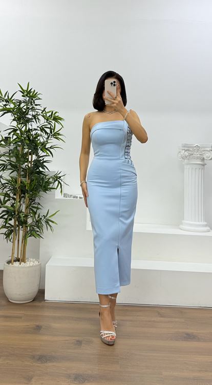Mavi Örgü Detaylı Tek Kol Askılı Kalem Abiye Elbise