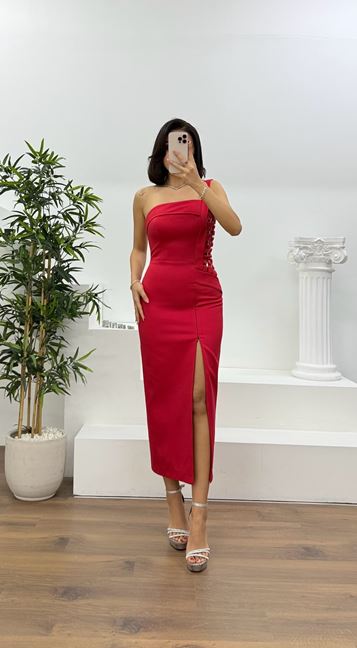 Red Knitted Detail One Shoulder Pencil Evening Dress