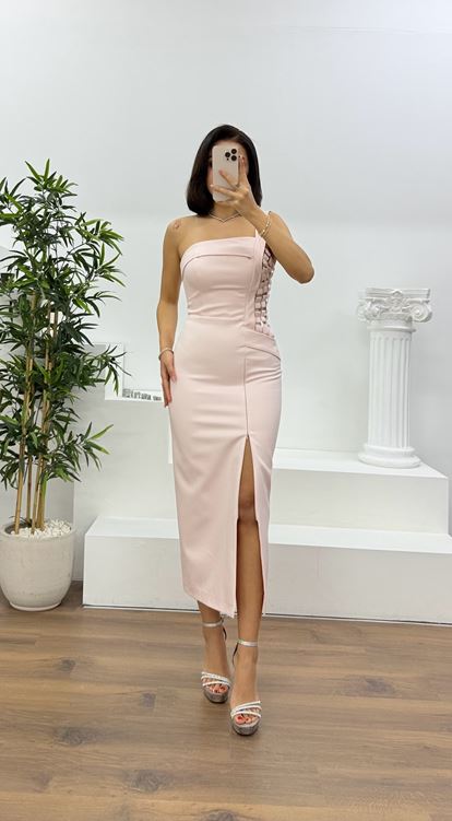 Somon Örgü Detaylı Tek Kol Askılı Kalem Abiye Elbise