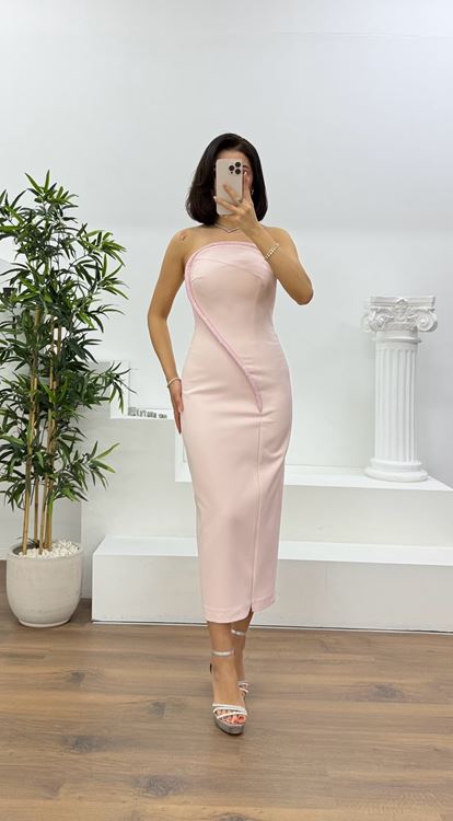 Somon Kristal Şerit Detaylı Straplez Abiye Elbise