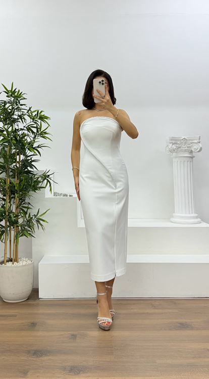 Kemik Kristal Şerit Detaylı Straplez Abiye Elbise