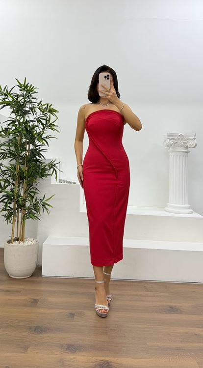 Kırmızı Kristal Şerit Detaylı Straplez Abiye Elbise