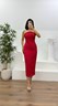 Kırmızı Kristal Şerit Detaylı Straplez Abiye Elbise