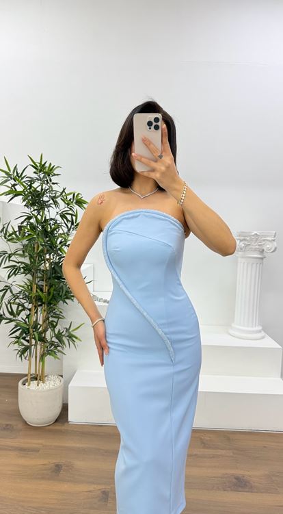 Mavi Kristal Şerit Detaylı Straplez Abiye Elbise