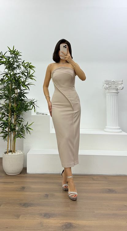 Vizon Kristal Şerit Detaylı Straplez Abiye Elbise