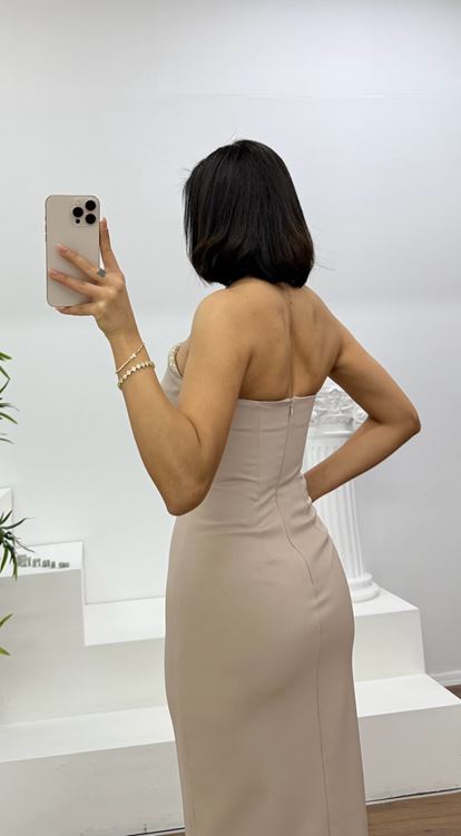 Vizon Kristal Şerit Detaylı Straplez Abiye Elbise