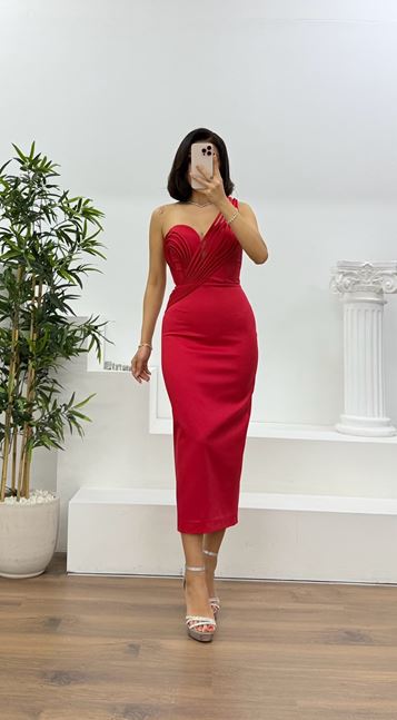 Kırmızı Çok Askılı Çapraz Drapeli Kalem Abiye Elbise