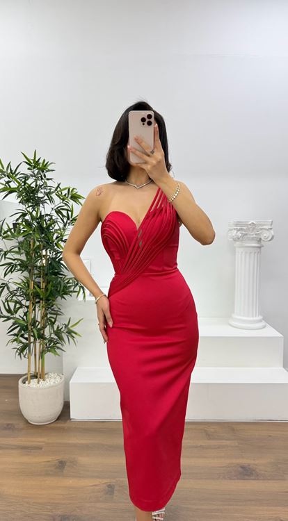 Kırmızı Çok Askılı Çapraz Drapeli Kalem Abiye Elbise