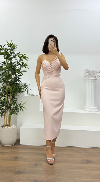 Somon Çok Askılı Çapraz Drapeli Kalem Abiye Elbise