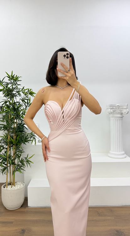 Somon Çok Askılı Çapraz Drapeli Kalem Abiye Elbise