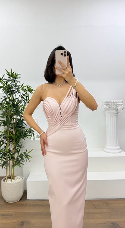 Somon Çok Askılı Çapraz Drapeli Kalem Abiye Elbise