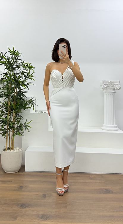 Kemik Çok Askılı Çapraz Drapeli Kalem Abiye Elbise