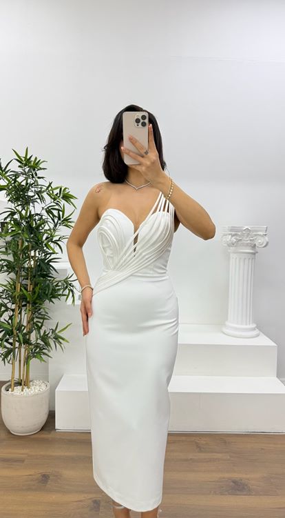 Kemik Çok Askılı Çapraz Drapeli Kalem Abiye Elbise