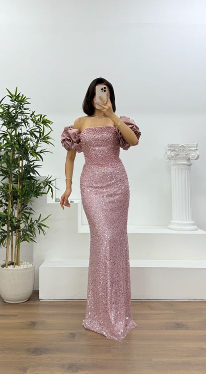 Lila Balon Kol Pul Payet Abiye Elbise