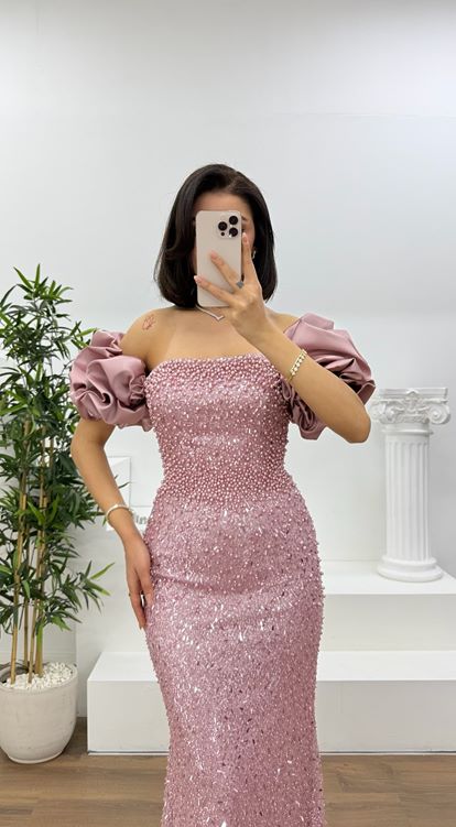 Lila Balon Kol Pul Payet Abiye Elbise