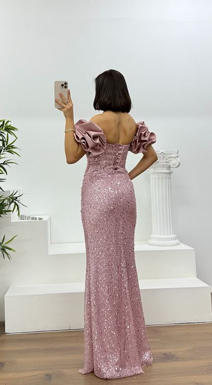 Lila Balon Kol Pul Payet Abiye Elbise