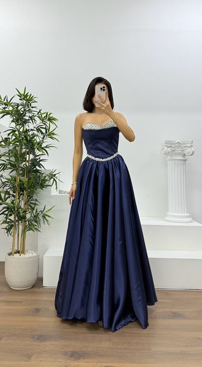 Lacivert Prenses Kesim Kabarık Taşlı Straplez Abiye Elbise