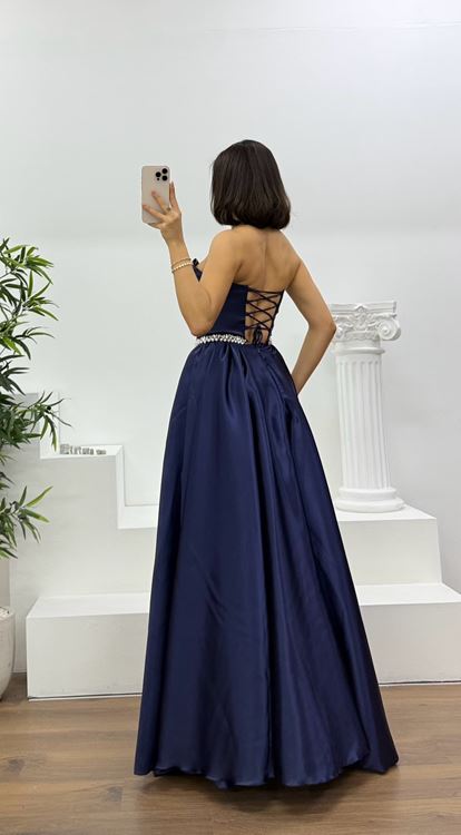 Lacivert Prenses Kesim Kabarık Taşlı Straplez Abiye Elbise