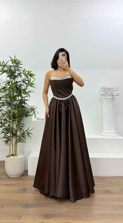 Kahverengi Prenses Kesim Kabarık Taşlı Straplez Abiye Elbise