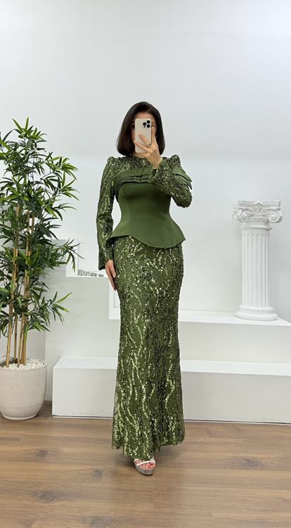 Haki Saten Büstiyerli Payetli Balık Abiye Elbise