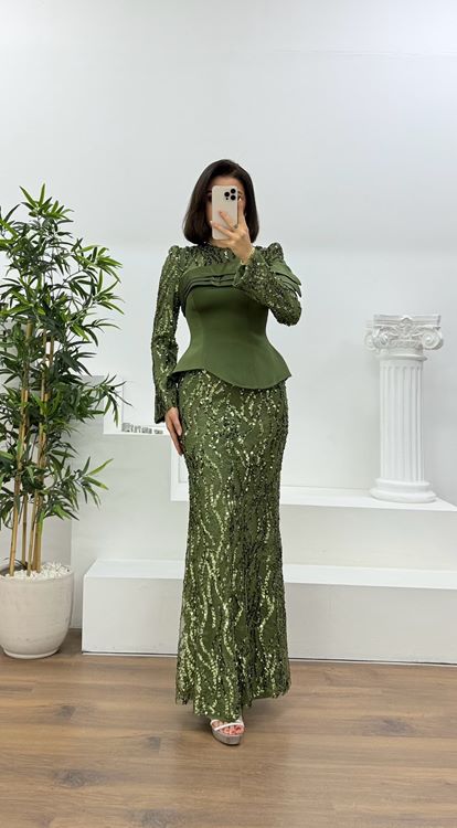 Haki Saten Büstiyerli Payetli Balık Abiye Elbise