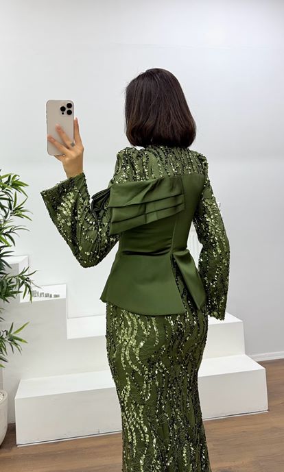 Haki Saten Büstiyerli Payetli Balık Abiye Elbise