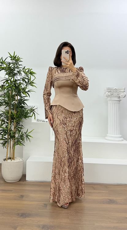 Bakır Saten Büstiyerli Payetli Balık Abiye Elbise