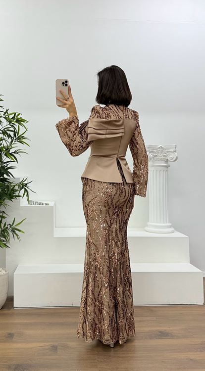 Bakır Saten Büstiyerli Payetli Balık Abiye Elbise