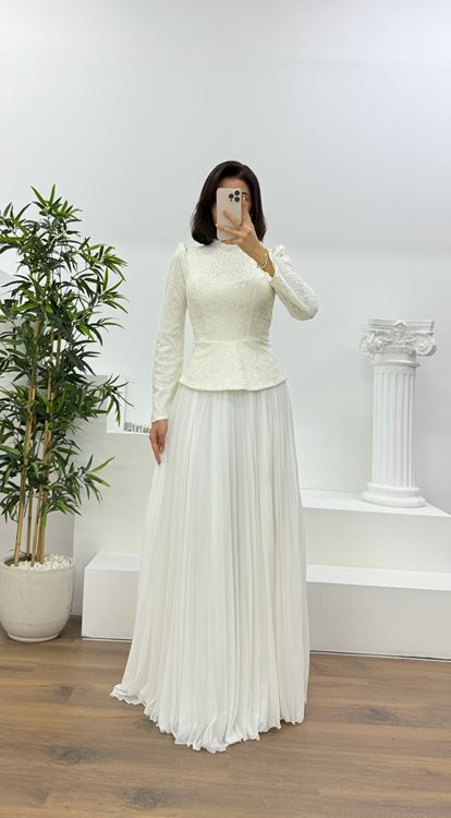 Bone framed lace trimmed pleated modest evening dress