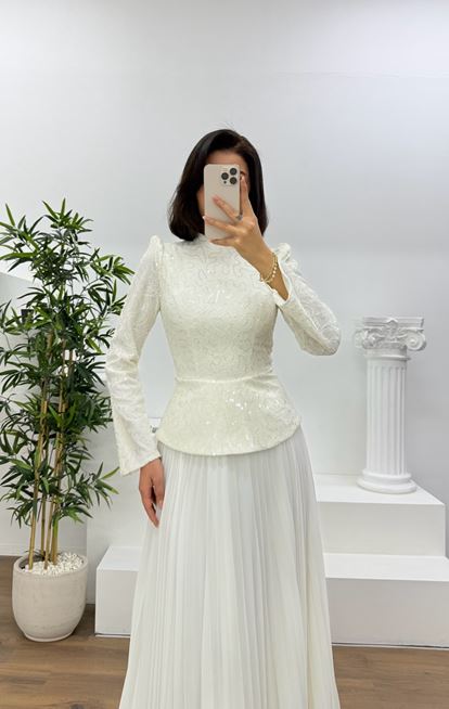 Bone framed lace trimmed pleated modest evening dress