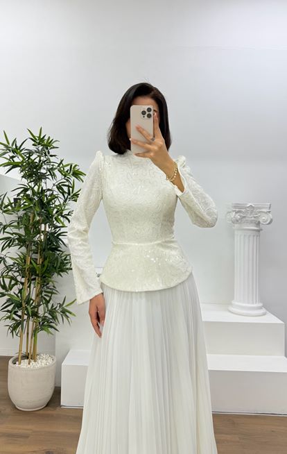 Bone framed lace trimmed pleated modest evening dress